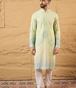 Men green viscose rayon bandhani embroidered straight kurta with trouser