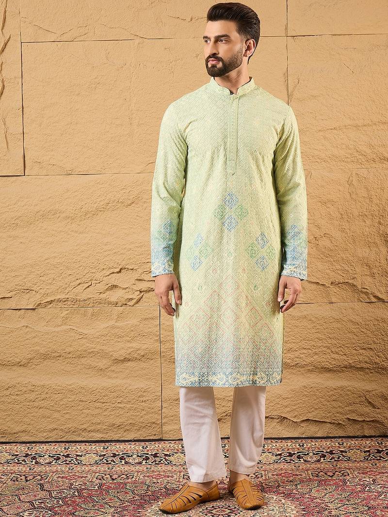 Men green viscose rayon bandhani embroidered straight kurta with trouser