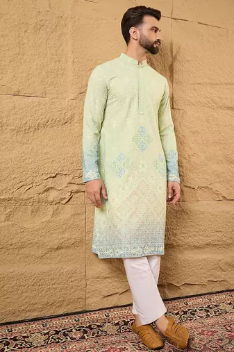 Men green viscose rayon bandhani embroidered straight kurta with trouser