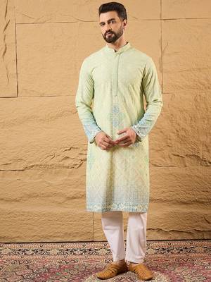 Men green viscose rayon bandhani embroidered straight kurta with trouser 4