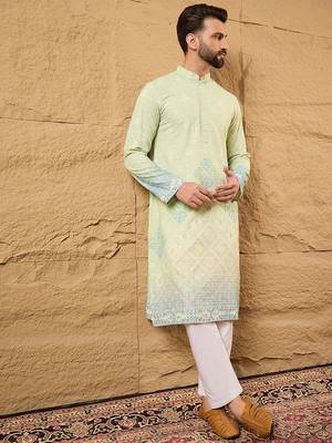 Men green viscose rayon bandhani embroidered straight kurta with trouser 5