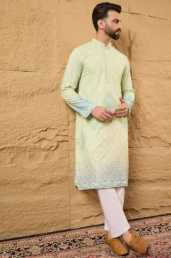 Men green viscose rayon bandhani embroidered straight kurta with trouser