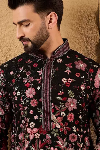 Men black georgette solid embroidered straight kurta with trouser