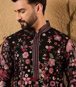 Men black georgette solid embroidered straight kurta with trouser