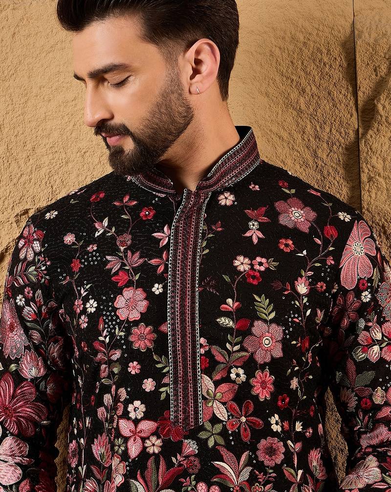 Men black georgette solid embroidered straight kurta with trouser