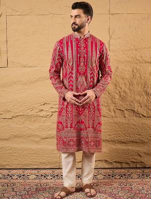 Men pink georgette solid embroidered straight kurta with trouser 1