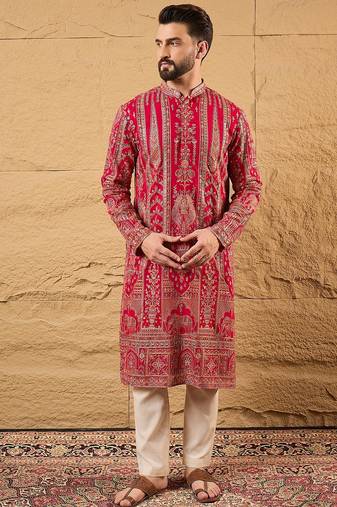 Men pink georgette solid embroidered straight kurta with trouser