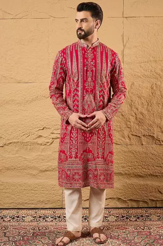 Men pink georgette solid embroidered straight kurta with trouser