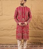 Men pink georgette solid embroidered straight kurta with trouser