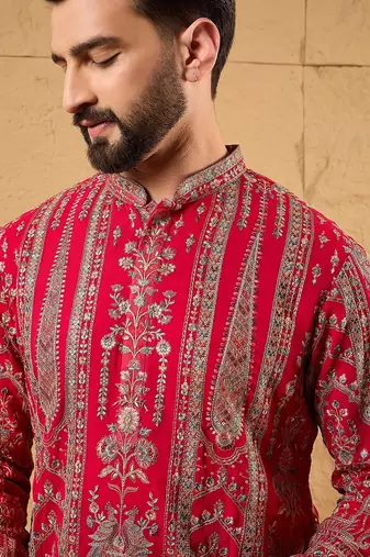 Men pink georgette solid embroidered straight kurta with trouser