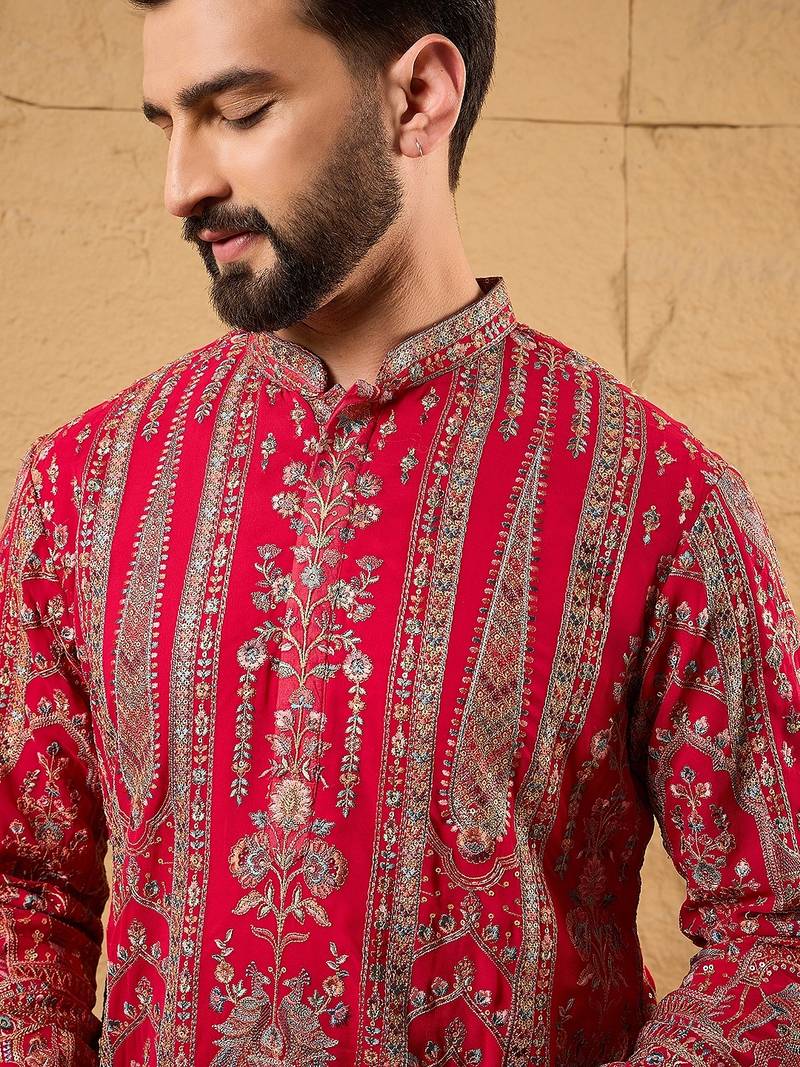 Men pink georgette solid embroidered straight kurta with trouser