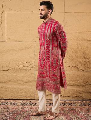 Men pink georgette solid embroidered straight kurta with trouser 3