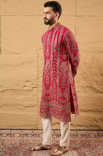 Men pink georgette solid embroidered straight kurta with trouser