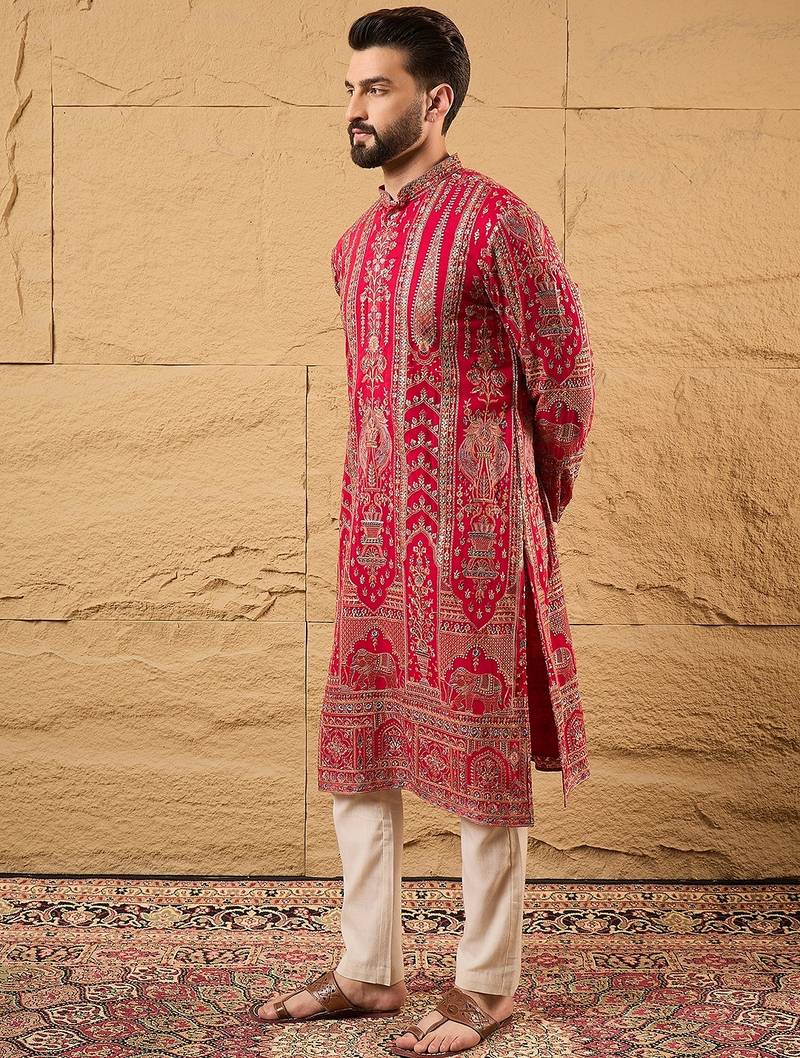 Men pink georgette solid embroidered straight kurta with trouser