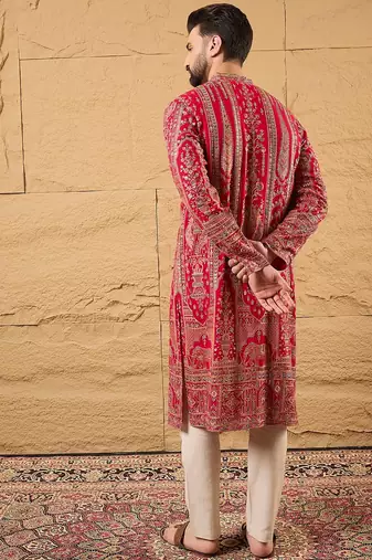 Men pink georgette solid embroidered straight kurta with trouser