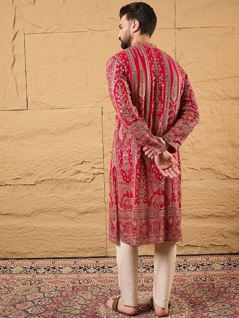 Men pink georgette solid embroidered straight kurta with trouser