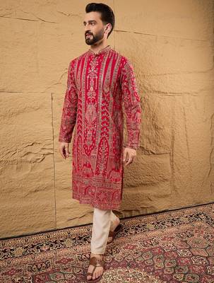 Men pink georgette solid embroidered straight kurta with trouser 5
