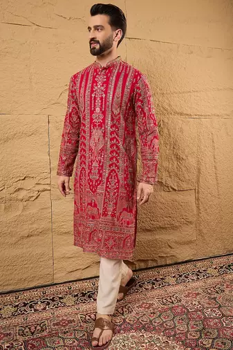 Men pink georgette solid embroidered straight kurta with trouser