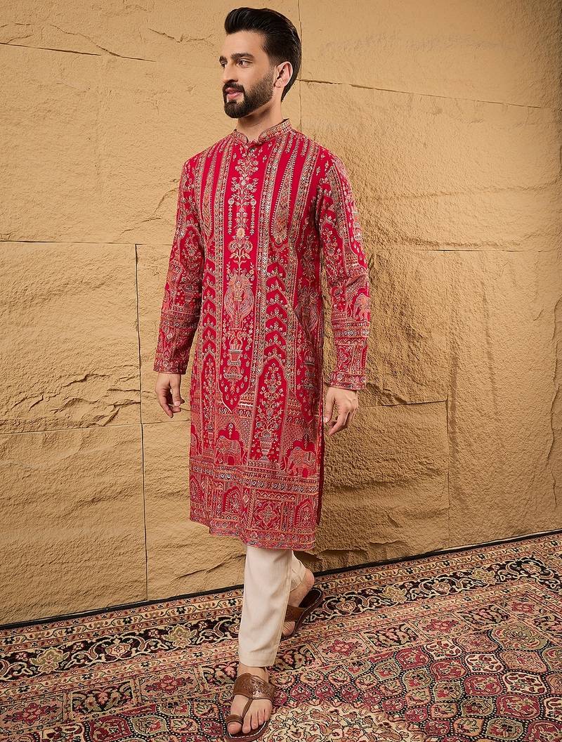 Men pink georgette solid embroidered straight kurta with trouser