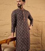 Mens brown viscose rayon ethnic motifs embroidered chikankari straight kurta with pant set