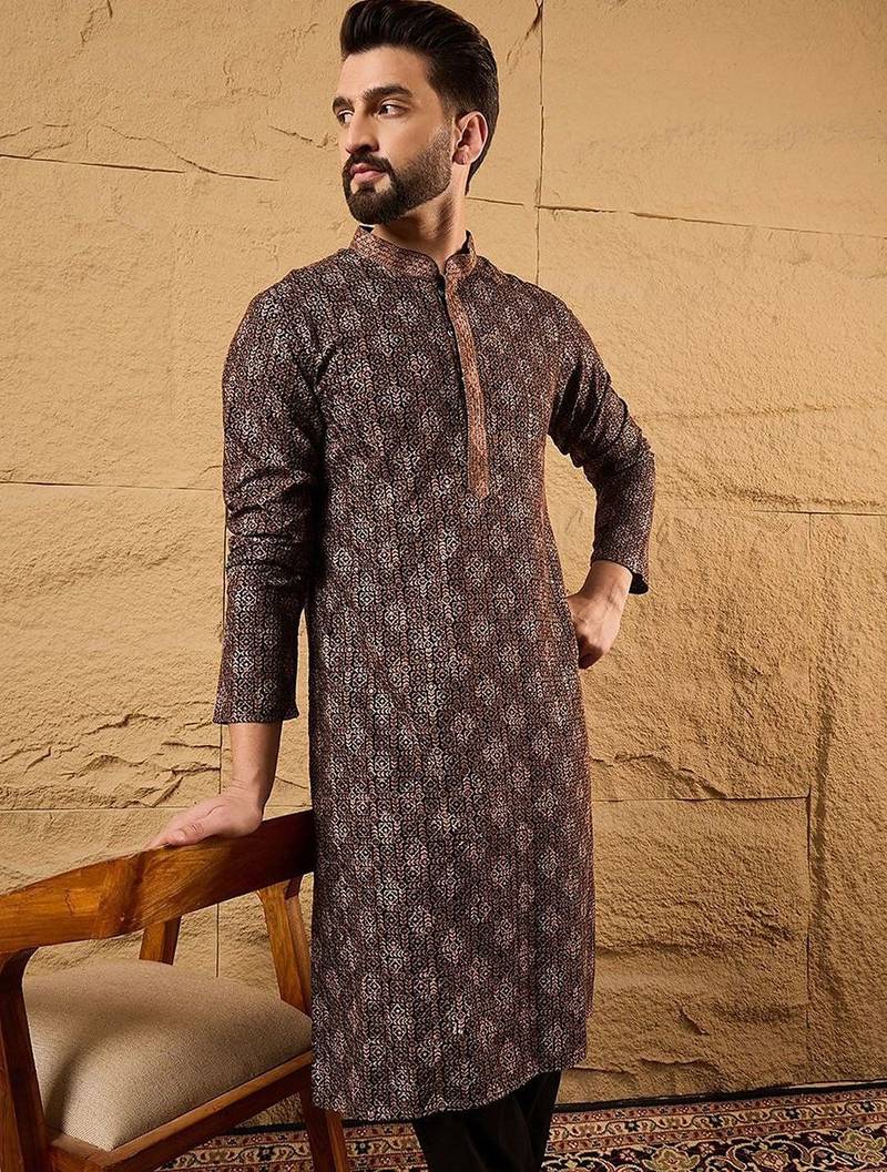 Mens brown viscose rayon ethnic motifs embroidered chikankari straight kurta with pant set