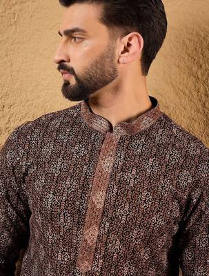 Mens brown viscose rayon ethnic motifs embroidered chikankari straight kurta with pant set 2