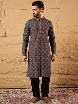 Mens brown viscose rayon ethnic motifs embroidered chikankari straight kurta with pant set 3