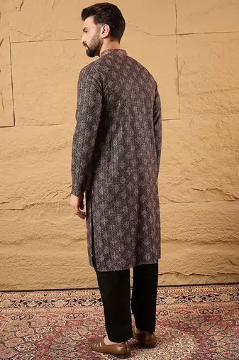 Mens brown viscose rayon ethnic motifs embroidered chikankari straight kurta with pant set