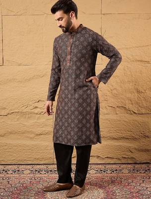 Mens brown viscose rayon ethnic motifs embroidered chikankari straight kurta with pant set 5