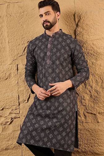 Mens grey viscose rayon ethnic motifs embroidered chikankari straight kurta with pant set