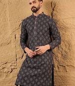 Mens grey viscose rayon ethnic motifs embroidered chikankari straight kurta with pant set