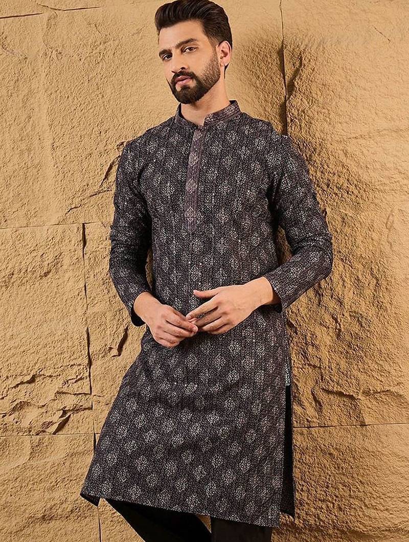 Mens grey viscose rayon ethnic motifs embroidered chikankari straight kurta with pant set