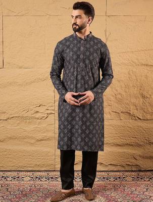 Mens grey viscose rayon ethnic motifs embroidered chikankari straight kurta with pant set 2