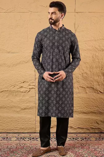 Mens grey viscose rayon ethnic motifs embroidered chikankari straight kurta with pant set