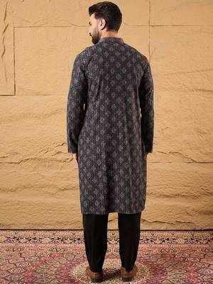 Mens grey viscose rayon ethnic motifs embroidered chikankari straight kurta with pant set 4