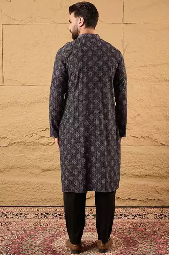 Mens grey viscose rayon ethnic motifs embroidered chikankari straight kurta with pant set