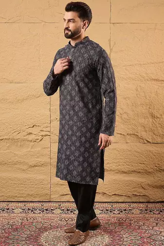 Mens grey viscose rayon ethnic motifs embroidered chikankari straight kurta with pant set