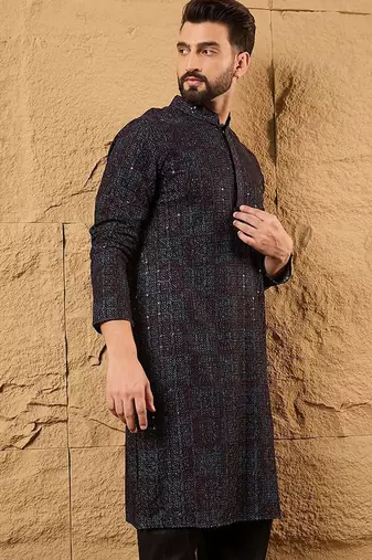Mens black viscose rayon geometric embroidered chikankari straight kurta with pant set
