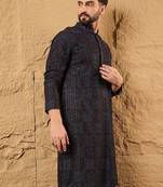 Mens black viscose rayon geometric embroidered chikankari straight kurta with pant set