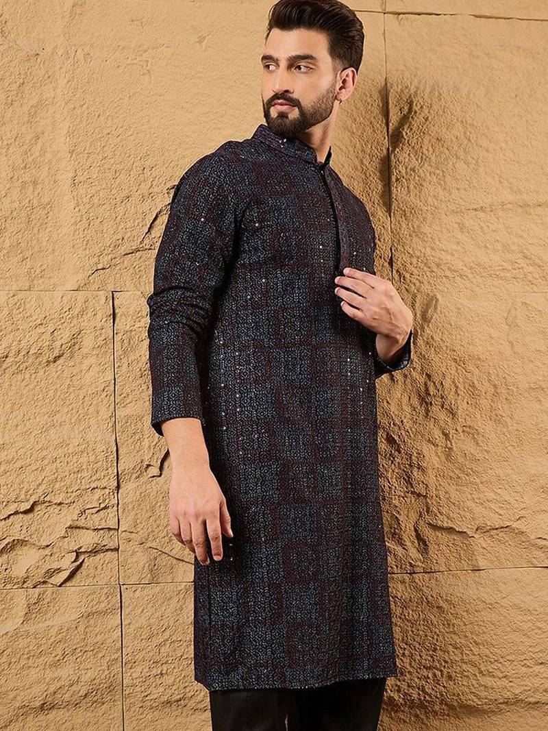 Mens black viscose rayon geometric embroidered chikankari straight kurta with pant set
