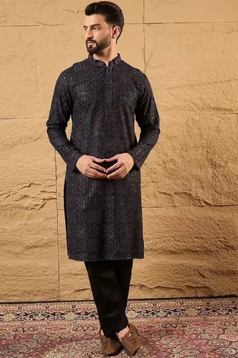 Mens black viscose rayon geometric embroidered chikankari straight kurta with pant set
