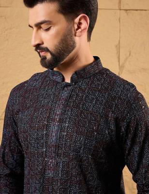 Mens black viscose rayon geometric embroidered chikankari straight kurta with pant set 3