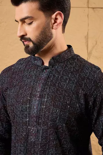 Mens black viscose rayon geometric embroidered chikankari straight kurta with pant set