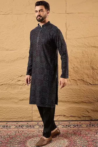 Mens black viscose rayon geometric embroidered chikankari straight kurta with pant set