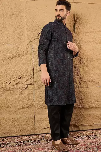 Mens black viscose rayon geometric embroidered chikankari straight kurta with pant set
