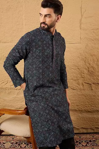 Mens blue viscose rayon abstract embroidered chikankari straight kurta with pant set