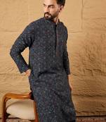 Mens blue viscose rayon abstract embroidered chikankari straight kurta with pant set