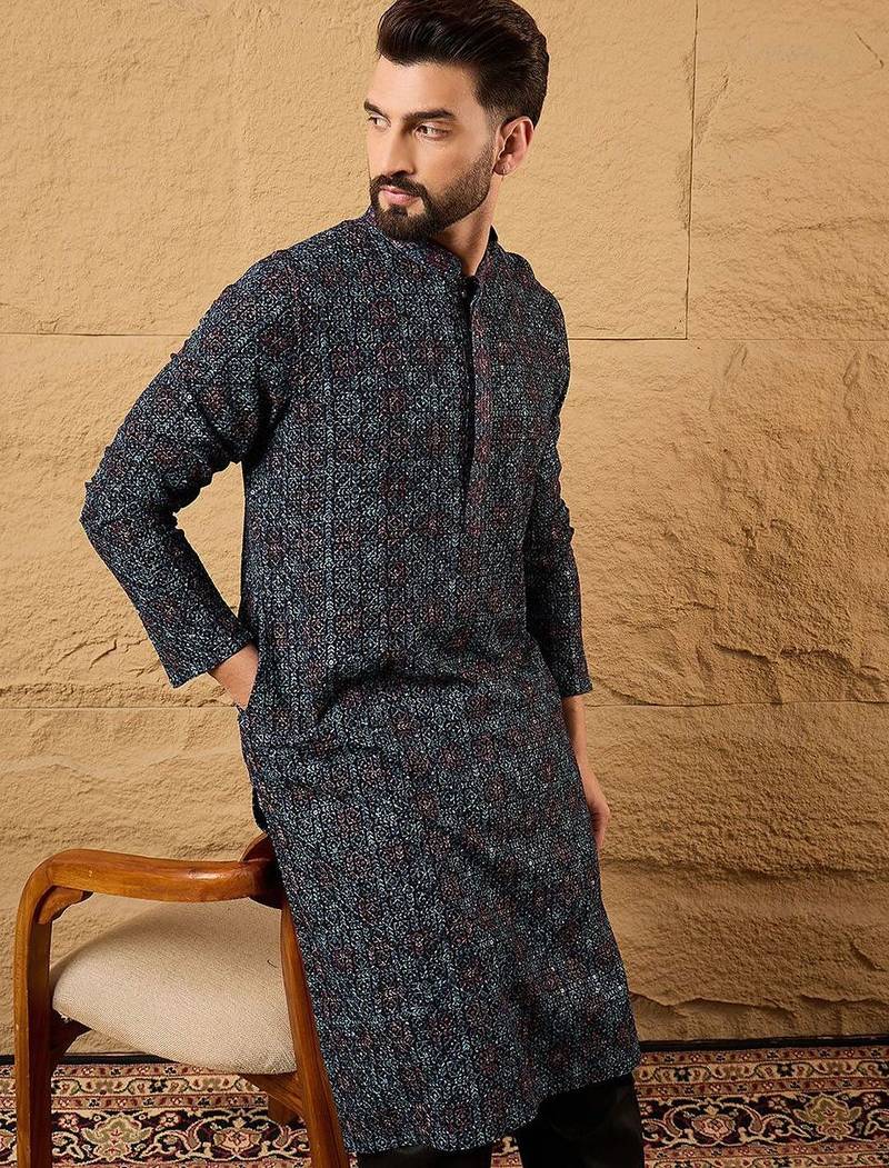 Mens blue viscose rayon abstract embroidered chikankari straight kurta with pant set