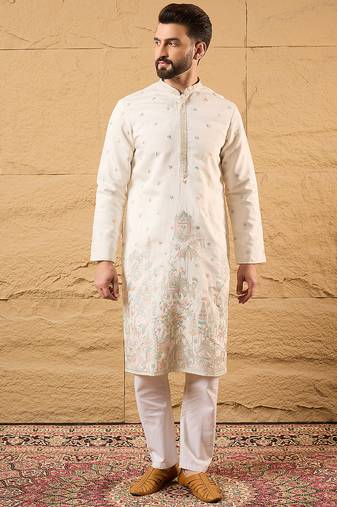 Men off white silk blend solid embroidered straight kurta with trouser