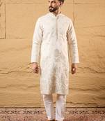 Men off white silk blend solid embroidered straight kurta with trouser